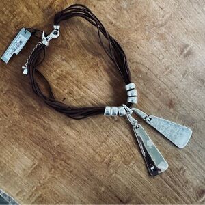 NWT Robert Lee Morris Soho Silver Plated Necklace Double Paddle Pendant Leather